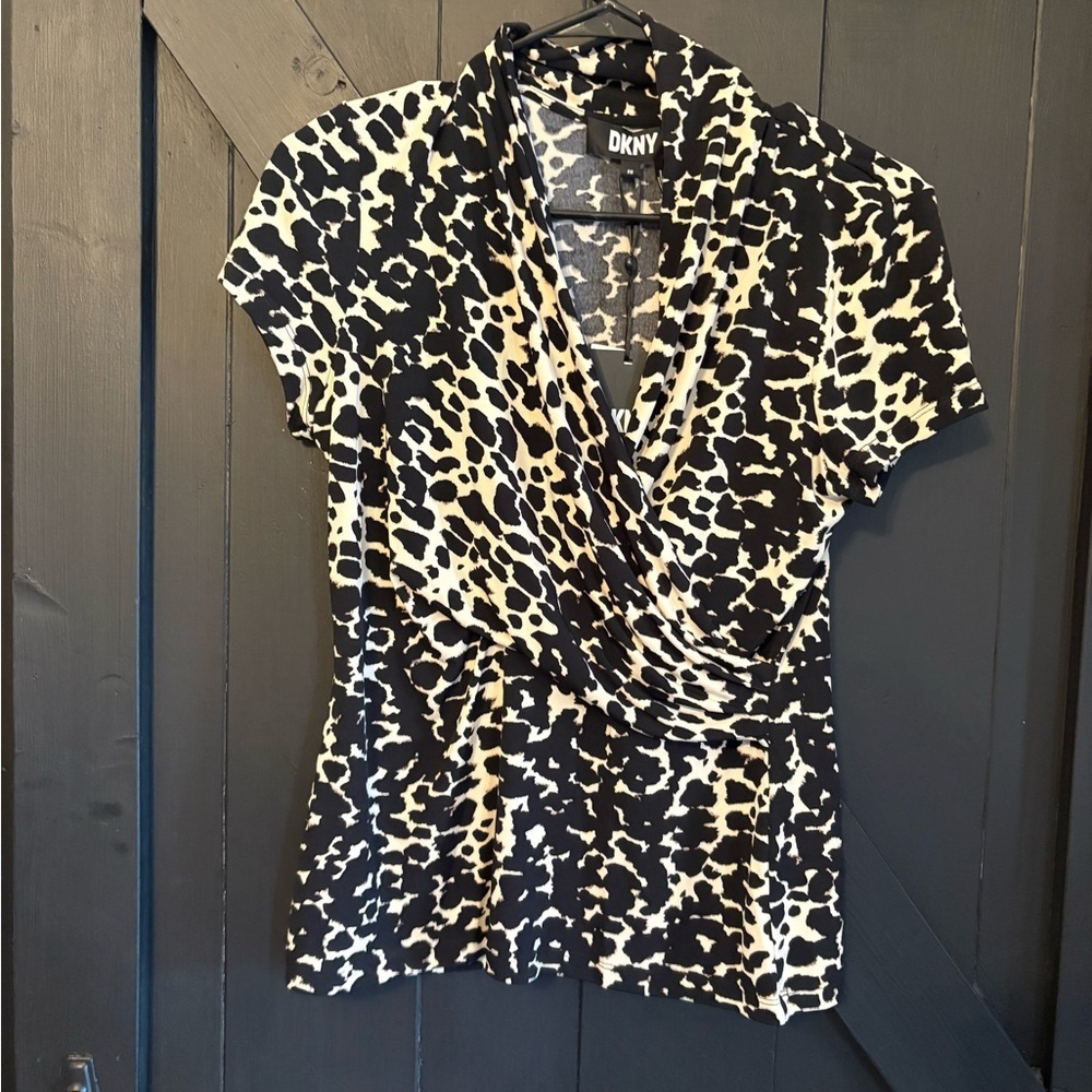 DKNY Black and Cream Animal-Print Wrap Blouse